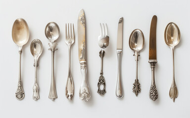 A row of silverware including spoons, forks, knives, and a bowl