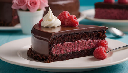 piece of chocolate raspberry cake on a plate
