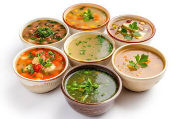 A row of bowls filled with different types of soup