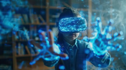 Young woman with virtual reality headset interacts with digital elements.