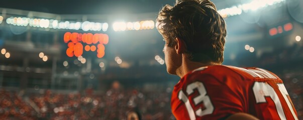 Football player sees the scoreboard, game night action