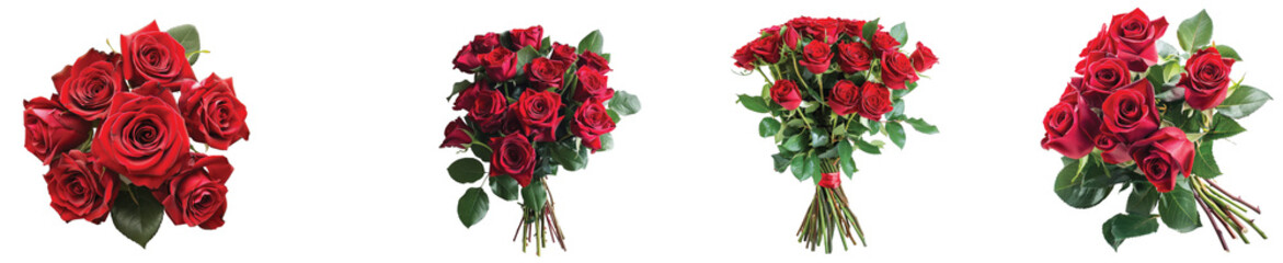 Obraz premium Beautiful red roses arranged in elegant bouquets for gifting on Transparent Background.