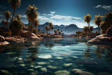 A starlit sky above a quiet desert oasis. Concept of celestial serenity. Generative Ai.