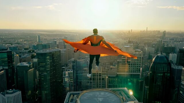 Superhero flying in the sky with costume and cape. Action movie blockbuster shot