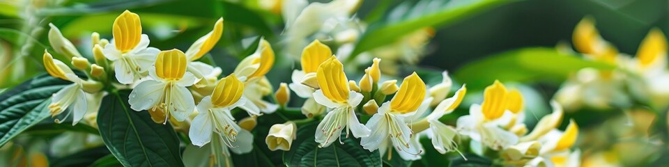 Fototapeta premium Golden Shrimp Plant in Bloom Featuring Yellow Bracts and White Flowers in a Vibrant Garden