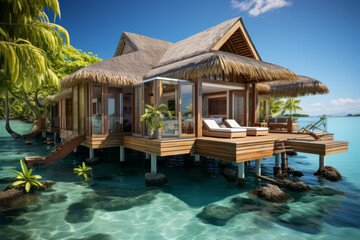 A luxurious overwater bungalow in a lagoon. Concept of exclusive retreat. Generative Ai.