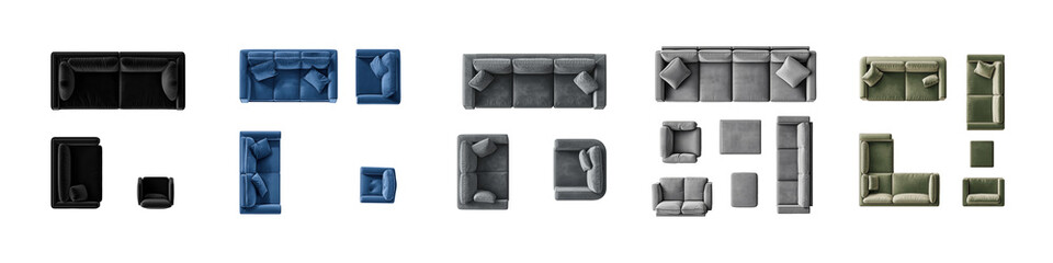 set of images of sofas top view on transparent background