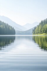 A tranquil mountain lake mirroring the bright sky, offering a precious moment for peaceful contemplation.