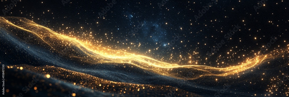 Wall mural A mesmerizing abstract image of golden stardust forming shimmering waves against a deep blue cosmic background.  Symbolizing: ethereal beauty, cosmic energy, celestial wonder, celestial dreams, and ga