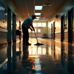Obraz premium A School Janitor Mopping the Hallway Floor