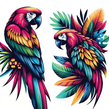 colorful parrots perched tropical leaves clip art preview