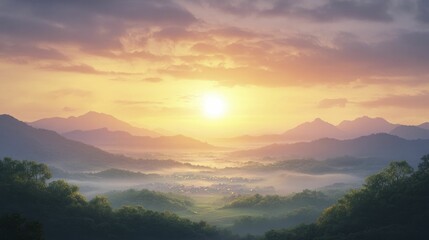 Obraz premium A serene sunset casts its glow over a peaceful village, merging hues that evoke a sense of calm and unity.