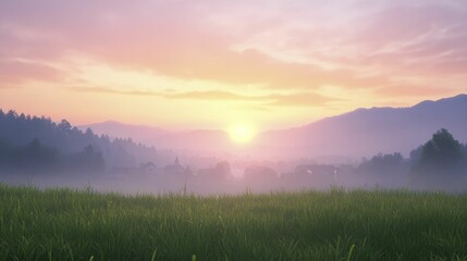 Obraz premium A serene sunset casts its glow over a tranquil village, merging hues that evoke a sense of calm and unity among the residents.