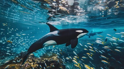 Obraz premium A killer whale swims through a school of fish with the ocean surface above.
