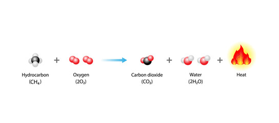  Combustion reaction. Chemical reaction. Hydrocarbon and oxygen reaction to produce carbon dioxide, water and heat. Experiment explanation. Scientific vector illustration.