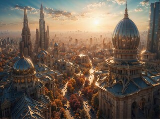 Fototapeta premium Majestic Cityscape at Sunrise with Stunning Architectural Domes and Towers