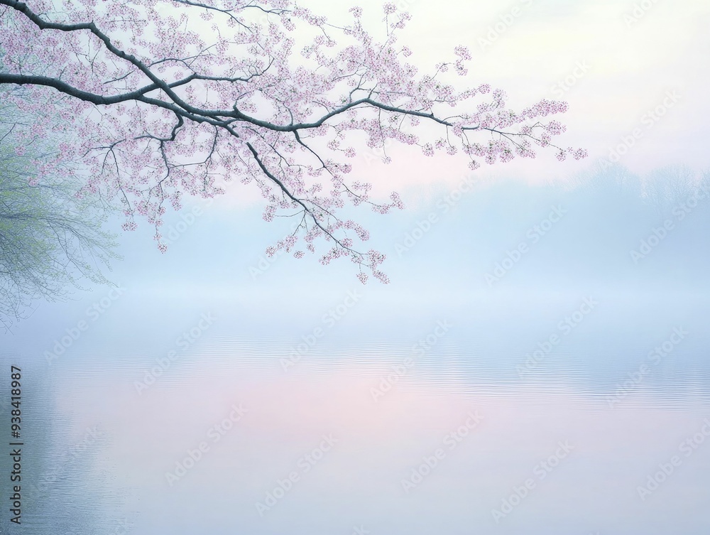 Wall mural Soft hues of dawn cast a gentle glow over a peaceful lake, evoking calmness in each gentle wave.