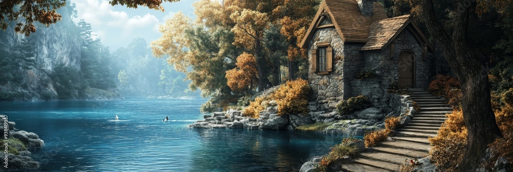 Wall mural A picturesque stone cottage nestled amidst lush foliage, with a set of stairs leading down to the calm waters of a serene lake. The image evokes a sense of tranquility, solitude, and escape from the h