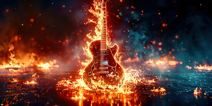 Guitar on fire on a black background
