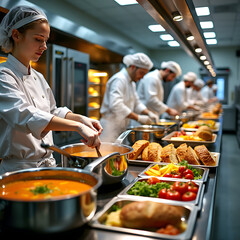 The School Cafeteria Staff Preparing Lunch.