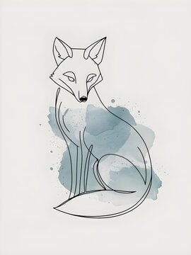 recommend clip art: Drawing of a fox, ink line art and watercolour paint stain, minimalist animal sketch