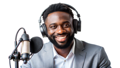 Confident podcast host in headphones with microphone, formal attire, broadcasting or recording a show, isolated, transparent PNG file