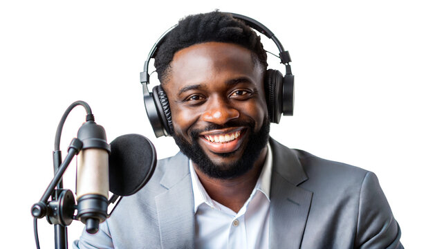 Confident podcast host in headphones with microphone, formal attire, broadcasting or recording a show, isolated, transparent PNG file