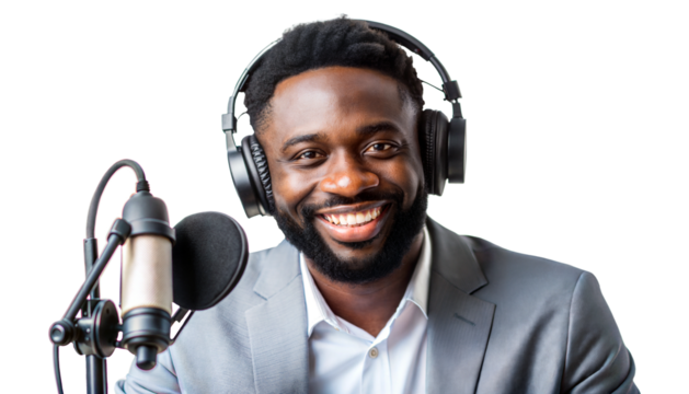Confident podcast host in headphones with microphone, formal attire, broadcasting or recording a show, isolated, transparent PNG file