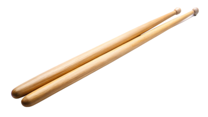 Pair of wooden drumsticks on white background, percussion instrument accessory, music tool, transparent PNG file