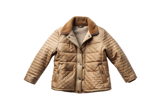 Tan quilted jacket with shearling collar for winter fashion, front view, isolated, transparent PNG file