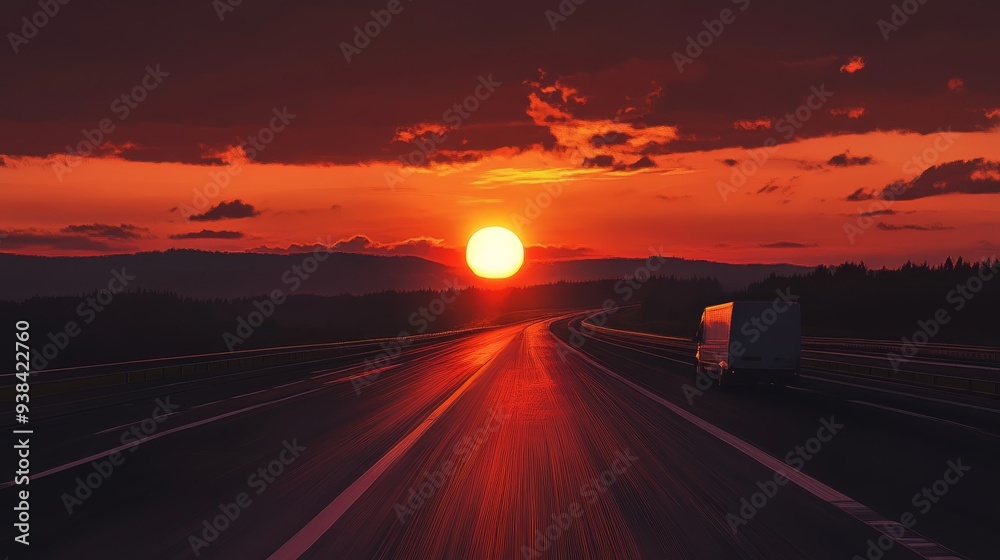 Poster A stunning sunset over a highway, showcasing the beauty of nature's artistry as the sun dips below the horizon, illuminating the road ahead. The image symbolizes freedom, adventure, travel, and the pa