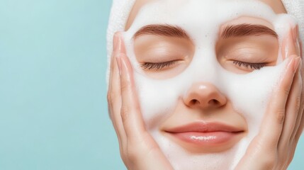 Close-up of facial foam being massaged into the skin, skincare routine, gentle exfoliation