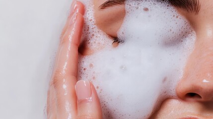 Fototapeta premium Facial foam being rinsed off with warm water, cleansing routine, soft and clean