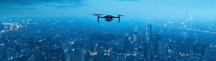 Naklejka premium A quadcopter drone flies high above a sprawling modern city skyline illuminated by glowing lights at dusk.
