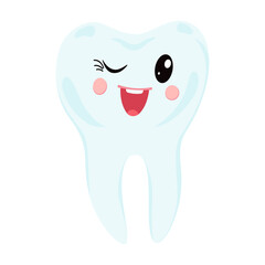 A cheerful and cute cartoon tooth winking and smiling. A happy tooth with big eyes, rosy cheeks and a playful expression. For healthcare, pediatric dentistry.