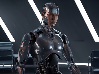 Robot de alta tecnología con apariencia humana y cuerpo con una superficie brillante
