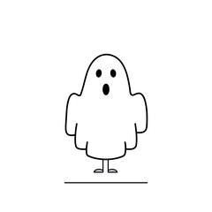 funny ghost halloween party costume, girl wearing white ghost costume, flat vector illustration, sketch, doddle style, cartoon character