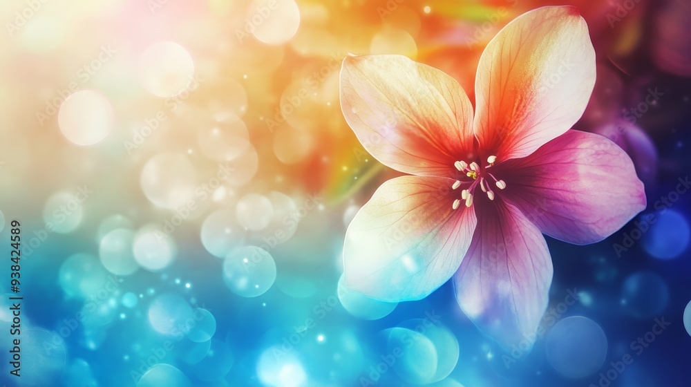 Poster A vibrant single flower with a soft pink and white gradient,  set against a blurred background of warm and cool colors. The bokeh effect creates a dreamy, ethereal atmosphere.  It symbolizes beauty, g