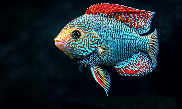 A vibrant  fish swimming in a dark background