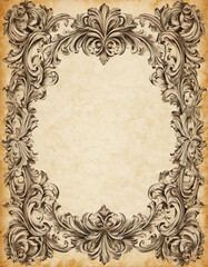 Crafted vintage scroll design, floral borders. Background showcases textured, aged paper appearance lending classic timeless feel. Invitation, announcement or decorative stationery. AI. Rococo baroque