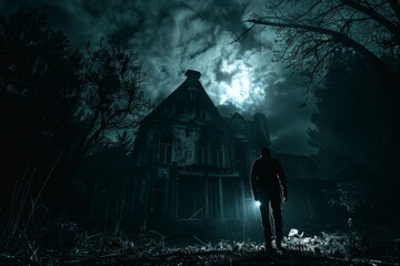 Eerie silhouette of a lone explorer flashlight in hand cautiously entering a dilapidated haunted house under the chilling October moonlight