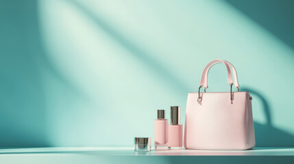 elegant pink handbag and beauty products on pastel blue background
