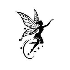 Black Silhouette Fairy Logo with Wings, Magical Fairy Silhouette Design for Branding, Elegant Black Fairy Logo with Stars and Wings
