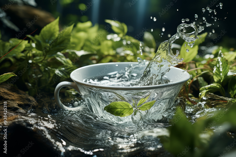 Poster a waterfall flowing into a cup. concept of abundance and nourishment. generative ai.