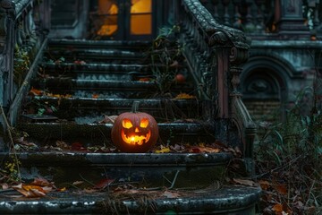 Glowing jack-o-lantern sits ominously on the mossy steps of an eerily lit decrepit mansion setting a haunting Halloween scene
