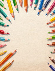 Fototapeta premium Assortment of colored pencils, in various shades and lengths, is arranged in circular fashion around blank sheet of paper. Pencils, showcasing vibrant hues, colorful border that invites creativity. AI