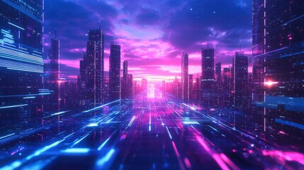Fototapeta premium A minimalistic futuristic scene with blue and purple hues, highlighting the intersection of Generative AI and the economy. The setting exudes a professional business atmosphere.