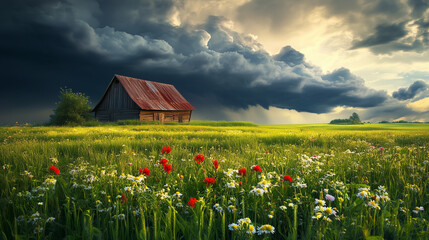 Fototapeta premium Sielski krajobraz wiejski z rustykalną stodołą, zielonymi polami i kwitnącymi dzikimi kwiatami, sfotografowany pod burzowym niebem