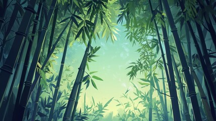 An enchanting illustration depicting a lush bamboo forest, symbolizing tranquility, growth, resilience, and harmony with nature.