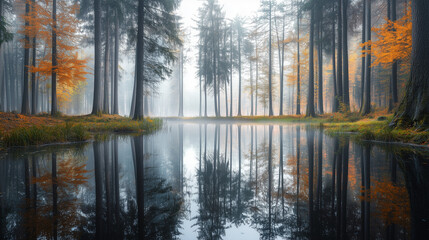 Urokliwy, spokojny widok na las z lustrzanym odbiciem w wodzie otoczonym wysokimi drzewami, w jesiennej porze, z delikatną mgłą tworzącą mistyczną atmosferę.